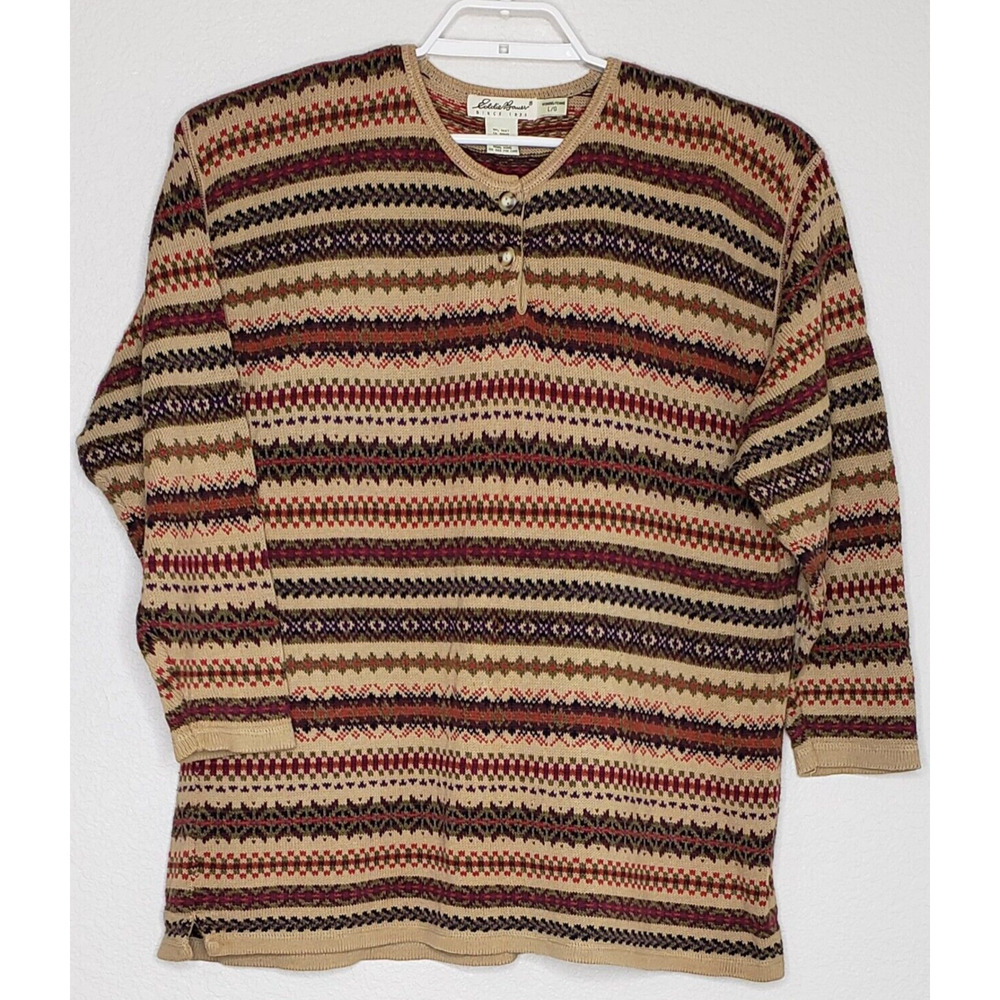 Eddie Bauer Womens Sweater Large L/S Multicolor Fair Isle Collarless Button Neck
